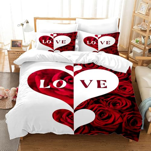 VTRXEG Bettwäsche 135x200 Liebe,Rot Und weißer Couple Bettbezug, Weich Mikrofaser ich Liebe Dich Bettwäsche Set,mit Reißverschluss1 Bettbezug Und 2 Kissenbezüge (E, 135x200cm)