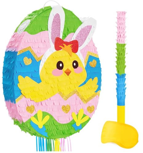 WERNNSAI Oster Pinata – Osterparty Dekorationen für Kinder Oster Piñata mit Augenbinde und Stock Oster Küken Piñata Osterparty Dekoration Zubehör für Geburtstags Dekoration Schul Frühlingsparty Spiel