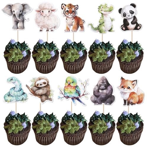 Rsstarxi 40 Pack Jungle Animals Theme Cupcake Toppers Orangutan Koala Crocodile Tiger Fox Cupcake Picks Elephant Panda Sheep Snake Cake Decorations for Baby Shower Wedding Birthday Party Supplies