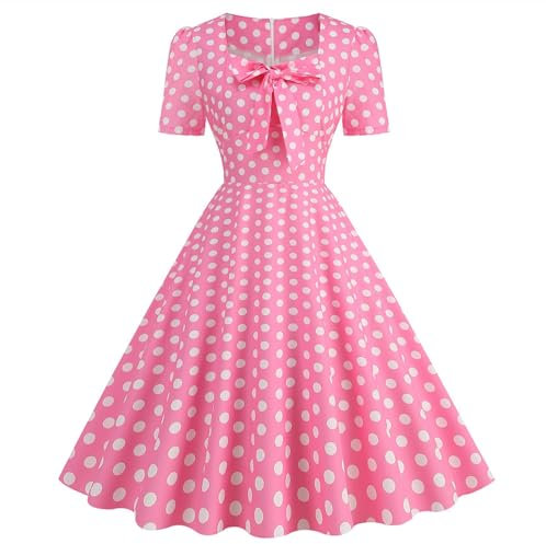 Femme Robe Vintage Années 40 50 60 Pin up Robe de Soirée Cocktail Cérémonie Mariage Rockabilly Swing Plissé Manches Courtes Col V Ete Robe de Cérémonie pour Femme Ronde,Rose,L,f3147r