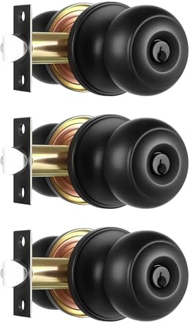 Heittis 3 Pack Black Ball Door Knob,Round Front Door Handle Gold Entry Door Lock for Right or Left Handed Doors