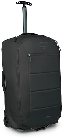 Osprey Ozone 2-Rad 80L/27 Kariertes Gepäck – Leichte Rolltasche mit hohem Freiraum und übergroßen Rädern – Reisekoffer mit Netz-Organisation, Trolleygriff und Add-a-Bag-Gurt, Schwarz