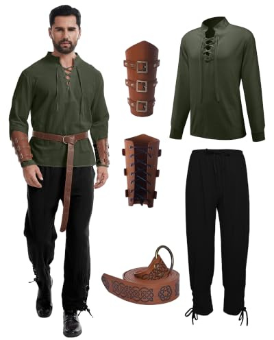 QEKFDOV Mittelalter Viking Kostüm Herren Kleidung für Party | 5 Stück Renaissance Kostüm Set，enthält Hose, Hemd, Gürtel Und Armschützer Für Halloween Karneval Piraten Cosplay