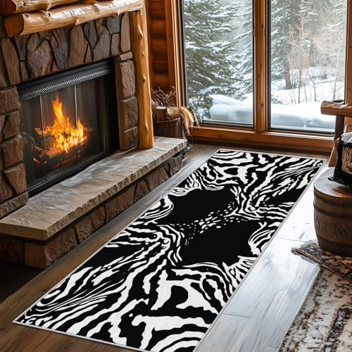 Generisch Teppich Läufer 65 x 180 cm Zebra Streifen, Schwarz Weiss Tiermuster Muster Teppichläufer Flur, Zebra Streifen Teppich Kurzflor rutschfest für Küche, Korridor, Schlafzimmer, Wohnzimmer b164