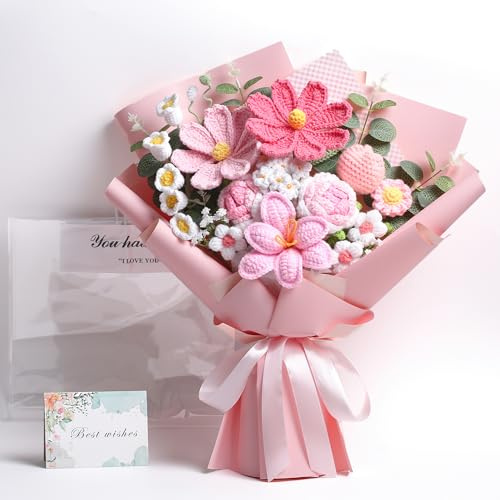 Crochet Flower Bouquet Premium Edition, Handmade Knitted Faux Crochet Flowers for Home Decor Valentine’s Day Anniversary Weddings Birthdays Mother’s Day, Includes Gift Bag and Greeting Card (Rose)