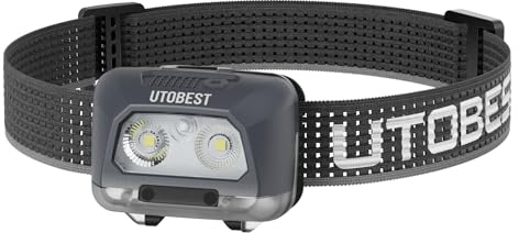 UTOBEST Head Torch Rechargeable 500Lm, Battery Powered, 102H Runtime, Gray | Hybrid Concept, Lightweight 85g, 5 Lighting Modes - Motion Sensor, Dimmable, IPX8 Waterproof for Running, Camping, UTR701