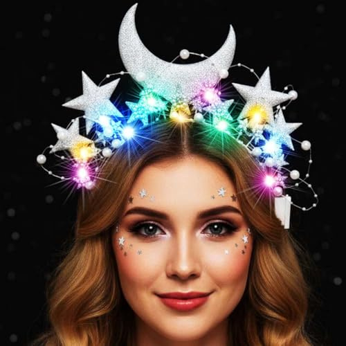 Reaky Leuchtender Stern-Stirnband, LED, silberfarben, Mond-Stirnbänder, leuchtendes Haarband, Sterne, Haarschmuck für Damen
