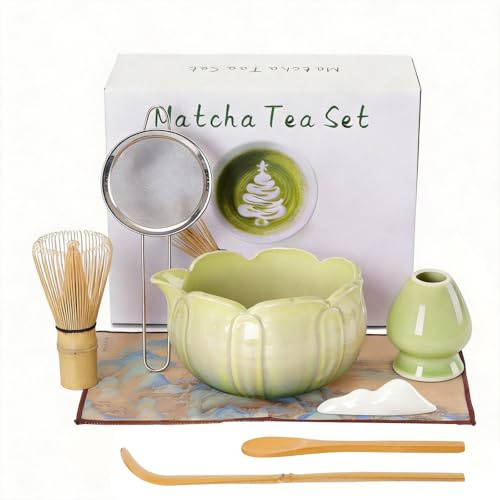 8Pcs Green Matcha Set Ceramic Matcha Bowl and Whisk Set, Handmade Bamboo Whisk (Chasen), Matcha Whisk Holder, Sifter, Scoop,Tea Strainer Fine Mesh & Towel - Japanese Matcha Tea Set & Making Kit Gift
