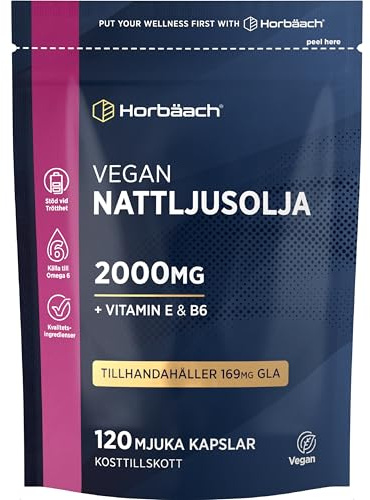 Nattljusolja 2000mg med Vitamin E & B6 | 120 Veganska Mjukkapslar | Hög Styrka | 1000mg per Softgels | Evening Primrose Oil Kosttillskott | av Horbaach