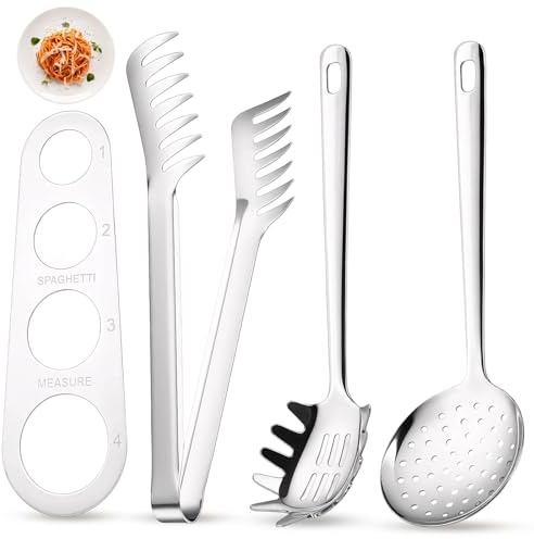 4-teiliges Spaghetti Server Set, Edelstahl Spaghettizange, Edelstahl Pasta Löffel, Nudelkelle/Spaghettilöffel/Zange/Messer, für Pasta-Liebhaber, Salate geeignet, zum Abseihen von Knödeln