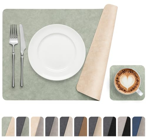 Banchif Platzsets abwaschbar Tischsets Untersetzer Platzdeckchen 4er Set | Tischsets abwaschbar Platzsets und Untersetzer Kunstleder hitzebeständig rutschfest Platzdeckchen (Beige Salbeigrün)