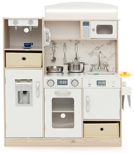 DREAMADE Kinderküche mit Lichter & Sound, Spielzeugküche mit Kühlschrank, Kaffeemaschine & Eismaschine, Holzküche mit abnehmbare Schubladen & Regale, Spielküche für Kinder ab 3 Jahren