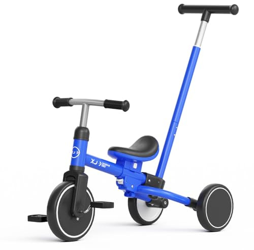 XJD Kleinkind Dreirad ab 1 2 3 Jahr, 5-in-1-Kleinkindfahrrad mit verstellbarem Schiebegriff, Laufrad, verstellbarem Sitz und abnehmbaren Pedalen, Geburtstagsgeschenk für Jungen und Mädchen (Blau)