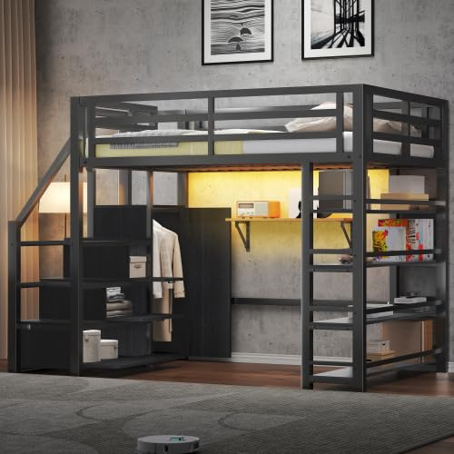 Merax Etagenbett 140x200 cm, Metall-Hochbett mit Ablagefächern, Schränken, Kleiderschrank, LED-Beleuchtung und Stauraumtreppe, Schwarz