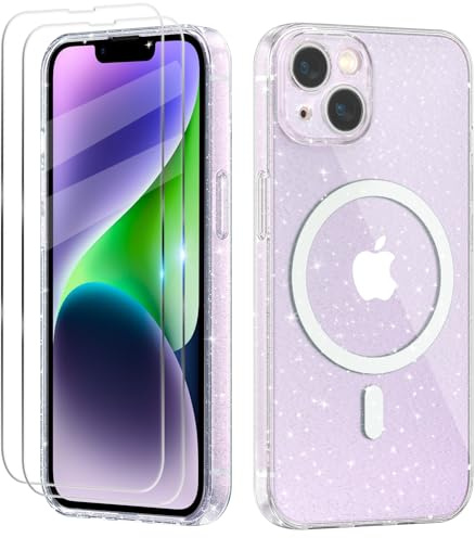 Tikgue Magnetisch Handyhülle für iPhone 14 Hülle mit 2 Stück Display Schutzfolie [Kompatibel mit Magsafe] Glitzer Transparent Silikon Schutzhülle Slim Weich Kameraschutz Case - Clear