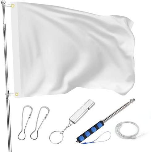 SCBOY Weiße Flagge 90x150 cm zum Flagge Selbst Gestalten Polyesterflagge mit Teleskop Fahnenmast 2 Haken und Pfeifen mit Ösen zum Bemalen Fahne Selbst Gestalten zum für Familienfeiern & Firmenfeste