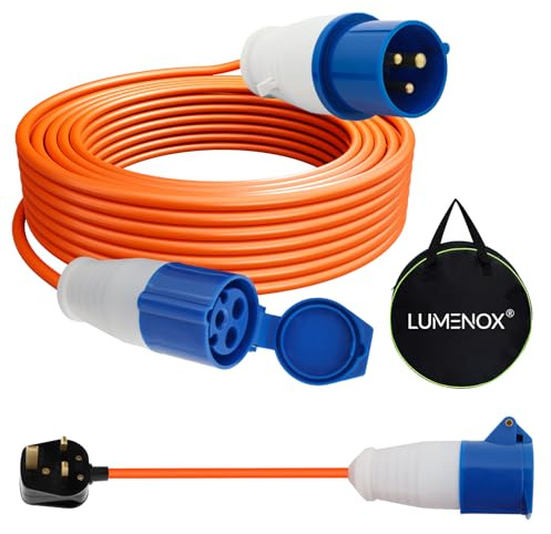 25m Caravan Hook Up Cable Set, 16A 240V Heavy Duty Extension Lead with 0.4M 3-Pin UK Plug Adapter, 3-Core Copper Wire, IP44 Waterproof, for Campervans, Motorhomes Caravans