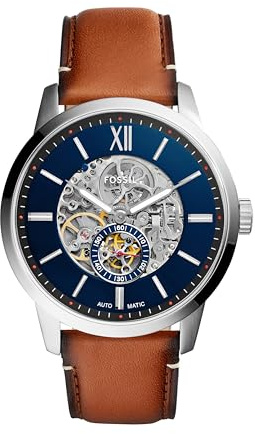 Fossil Men's Watch, Townsman Automatic Stainless Steel and Leather Three-Hand Skeleton Watch, Color: Silver, Luggage