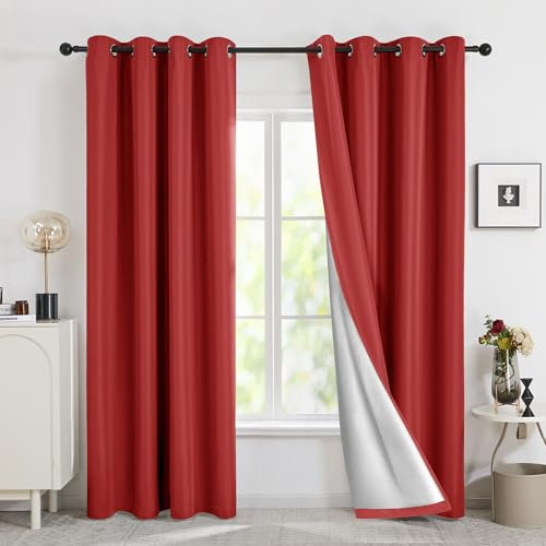 Deconovo Ösenvorhang Gardinen Oxford Vorhang Thermogardine Kälteschutz, 180x140 cm(HöhexBreite), Rot, 2er Set