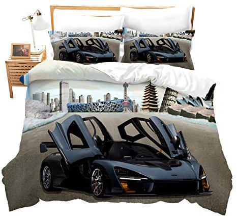 Rennwagen Rennauto 3D Print Betten Set Racing Car Bettwäsche Set Microfaser Himmlische Qualität Luxus Modern Bettbezug mit 1 Kissenbezug 2 teilig 135x200 cm + 80x80 cm Jungen Kinder