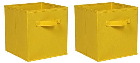Redd Royal 2 PCS Folding Storage Boxes with Handle, Foldable Canvas Organiser Cube Basket Bin Storage Unit for Nursery Wardrobe Kids Room (Yellow, Pack of 2)