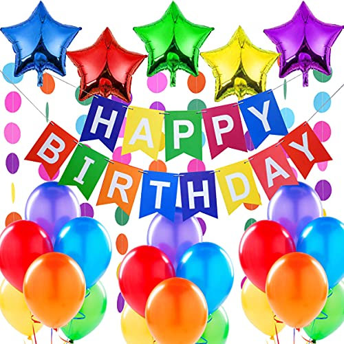 Geburtstagsdeko, Kindergeburtstag Deko,Geburtstag Dekoration. Happy Birthday Wimpelgirlande,Sterne Folienballons, Regenbogengirlande, Ballons.Geburtstagsparty Deko Mädchen und Jungen