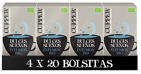 Cupper - Pack de 4 Cajas de 20 Bolsitas de Infusiones Ecológicas Dulces Sueños - Ayuda a Mejorar el Descanso Nocturno - Apto para Consumo Vegano - Contiene Canela y Manzanilla