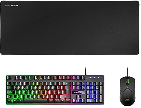 Mars Gaming MCPX, Combo Gaming 3en1 con Teclado H-Mech Iluminado, Ratón Ultraligero 10000 dpi con Software y Alfombrilla XXL, Compatible con PC, PS4, PS5, Xbox, Idioma Español, Negro