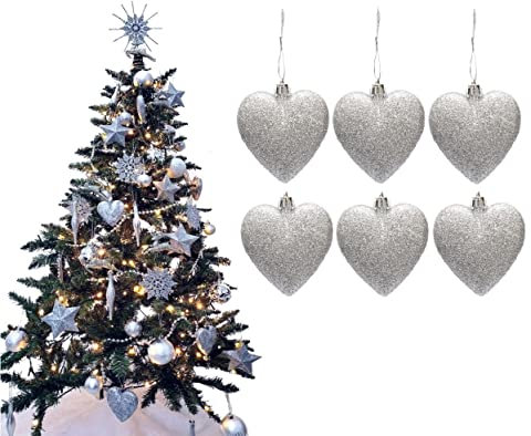 Simply Products 6 Heart Baubles - Great Christmas Tree Decorations, Glitter Heart Baubles (Silver Glitter)