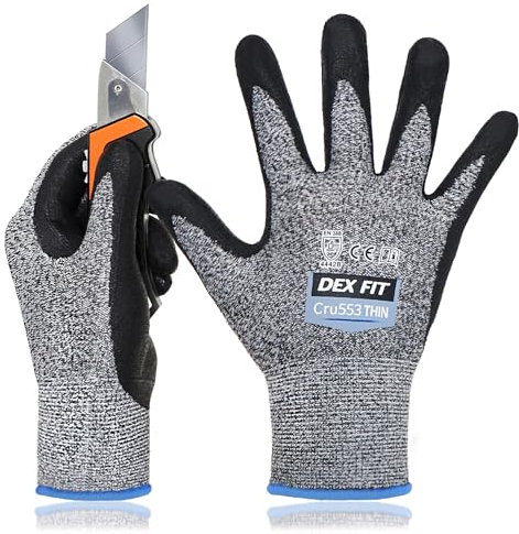 DEX FIT 15 Gauge Level 4 Dünne Schnittschutzhandschuhe Cru553; Griff, 3D-Komfort-Passform, Leicht und Langlebig, Touchscreen-Kompatibel für Präzise Arbeiten, Waschbar; Grau XS (6) 1 Paar