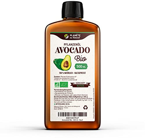 Avocadoöl Bio 500 ml - 100% Bio, Rein, Natürlich & Kaltgepresst, Avocado Oil zum Braten Grillen und als Würzöl oder Marinieren