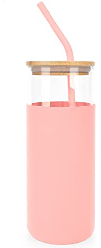 ANOTION Glasbecher mit Strohhalm und Deckel 16 Unzen Glas Tumbler Glas Wasserflasche (16oz, Pink)