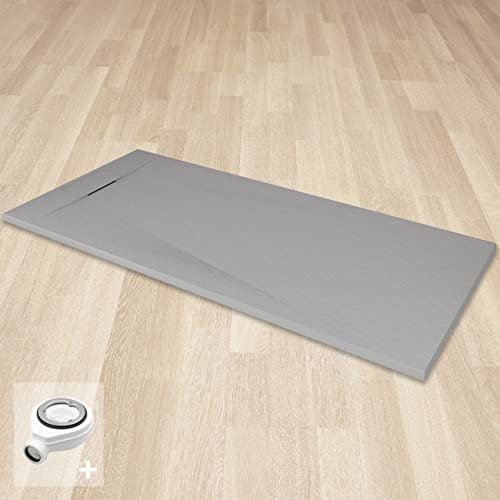 POLAR Receveur de douche gris extra-plat antidérapant texture pierre 90 x 140 cm + bonde