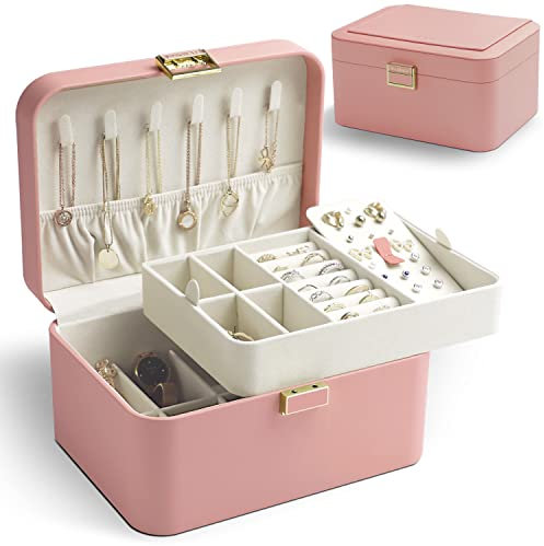 KAMIER Boîte de rangement à bijoux à 2 couches pour boucles d'oreilles, bracelets, bagues et colliers, cuir rose de luxe avec doublure en velours doux, emballage cadeau