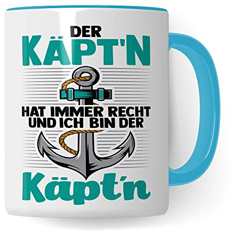 Kapitän Tasse, Der Käpt´n hat immer Recht und ich bin der Käpt´n Geschenk Kaffee-Becher Geschenkidee Bootliebhaber Kaffeetasse Bootbesitzer Tasse mit Spruch lustig Motiv (Weiß/Blau)