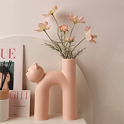 HanOBC Rosa Keramik-Blumenvase, niedliche Katze, lustige Tiervase, Moderne minimalistische nordische Boho-Vase, geometrische dekorative Vasen für Heimdekoration
