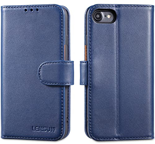 LENSUN Echtleder Hülle für iPhone SE2020/SE 2022 5G, iPhone 7/iPhone 8 Handyhülle [Echtes Leder][Magnetverschluss] [Kartenfach] Handytasche Lederhülle Klappbar - Blau