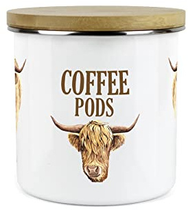 Purely Home Highland Cow Coffee Pods Canister - White Metal Enamel Kitchen Food Storage Container