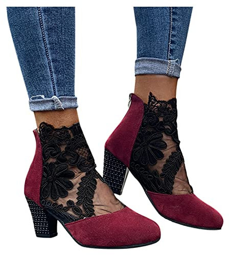Sandalen Damen mit Absatz Weiß Sandalen Damen Spitze Pumps Schuhe Blockabsatz Stiefeletten Runder Spitze Blumenmuster Mesh Hohle Tüll Strass Sommerstiefel Reißverschluss Freizeit Atmungsaktiv Casual