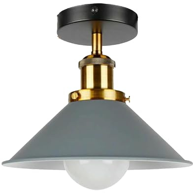 LEDSone Vintage Flush Mount Ceiling Lamp Metal E27 Fitting 22cm Grey Cone Shade Lighting Fixtures for Living Room Bedroom Hallway with Bulb