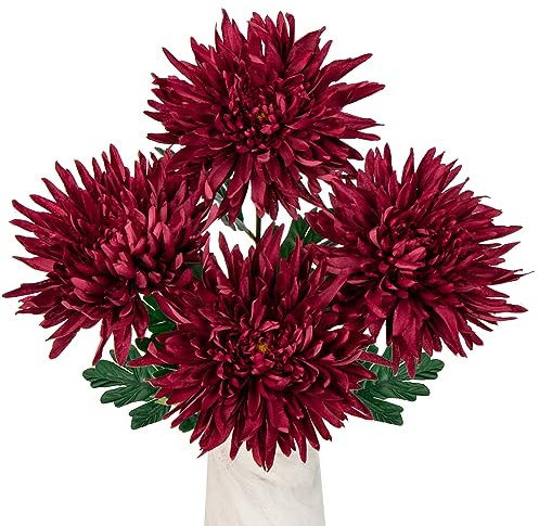 Oairse Flores artificiales grandes de crisantemo de 6 pulgadas, 4 piezas de flores de seda con tallo de 65 cm de largo, flores falsas rojas de araña sintética para arreglos florales, hogar, oficina