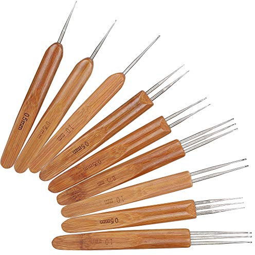 Dreadlock Häkelhaken Set, 9Pcs Einzel Doppel 3 Bambus Griff Zopf Nadelwebhäkelnadel Crochet Hook Dreadlocks Häkeln Haken Werkzeug Set für präzises Nadelweben