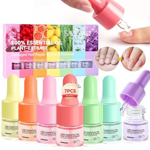 SAVILAND Cuticle Oil for Nail Aging: 7PCS Jamaican Black Castor Nail Growth Oil Vitamin C Lemon Grapeseed Lavender Extract Nail Strengthener Essential Oil for Thin Damaged Nail Repair Renewal Nourish