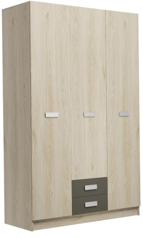 Homey - Armario de Tres Puertas con Altillo y Dos cajones Modelo Oslo para Dormitorios de Matrimonio e Infantiles, Color Puccini - Grafito, Medidas: 130 cm (Ancho) x 207,6 cm (Alto) x 50 cm (Fondo)