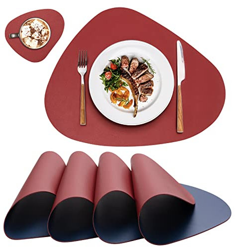 Platzsets Abwaschbar Leder,Tischsets Abwaschbar Rund,Platzdeckchen Abwaschbar Rund,Tischset Lederoptik,Doppelseitigen Platzset und Untersetzer Teller 6er Set Oval(Rot&Blau)
