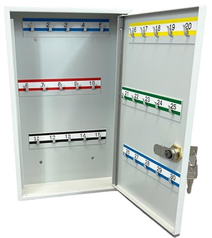 LEOMAR Schlüsselschrank, Schlüsselkasten mit 30 Haken, Schlüsselbox aus Stahlblech, mit Festen Hakenleisten, Organizer zur Wandbefestigung, Abschließbar, mit Montagematerial, 6 x 20 x 32 cm