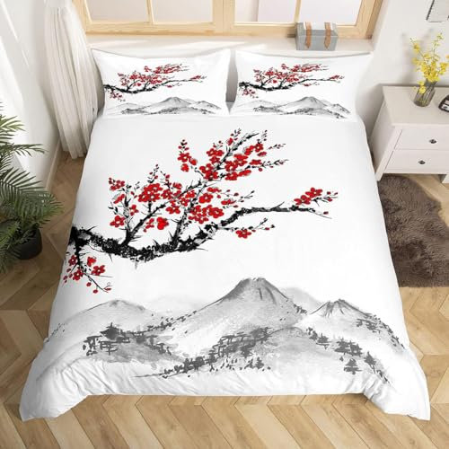 Homewish Housse de Couette 200x200 Japonaise, Ensemble de Literie Imprimé de Fleurs de Cerisier Rouges, Parure de Lit Mont Fuji, Couvre-Lit À Motif Peinture À L'Encre Noir et Blanc, 3 Pièces