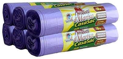 CSC - Bolsas de basura 110L con cordones, 60 unidades, bolsas de basura grandes para recogida diferenciada exterior e interior, bolsas de basura 70 x 110 cm, antiorificios, 6 rollos, color morado