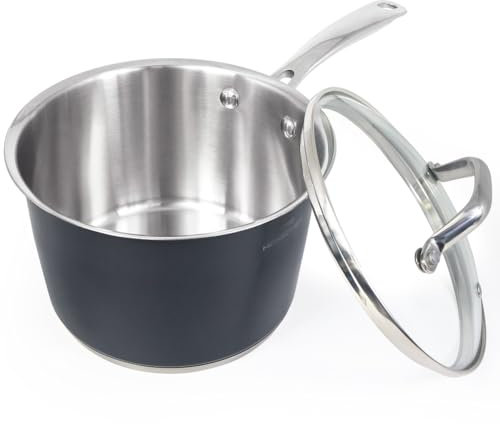 HOMICHEF Cazo de Acero Inoxidable Pulido Mate Sin Níquel de 2,37 L Con Tapa de Vidrio (Revestimiento Antiadherente No Tóxico, 18 CM) - Cazos Noble de Acero Inoxidable Gris Marino