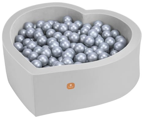 Dodozen Piscina de Pelotas en Forma de Corazón 90x30 cm con 200 Pelotas de ∅ 7 cm para Bebés y Niños - Espuma de Alta Resiliencia - Terciopelo Súper Suave - Funda Desmontable - Corazón Gris: Plata